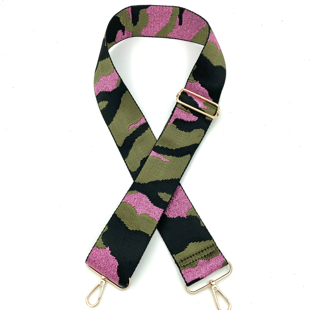 5cm Bag Strap - Black, Army Green, and Glittery Pink Lurex Camo