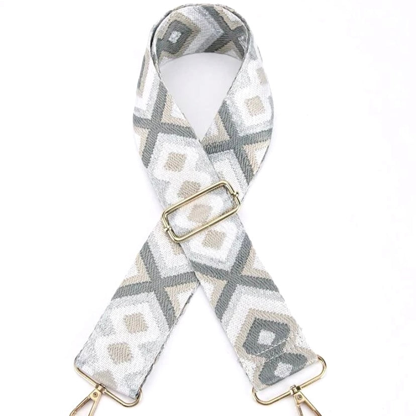 5cm Bag Strap - White, Grey, Taupe, and Silver Geometric Pattern